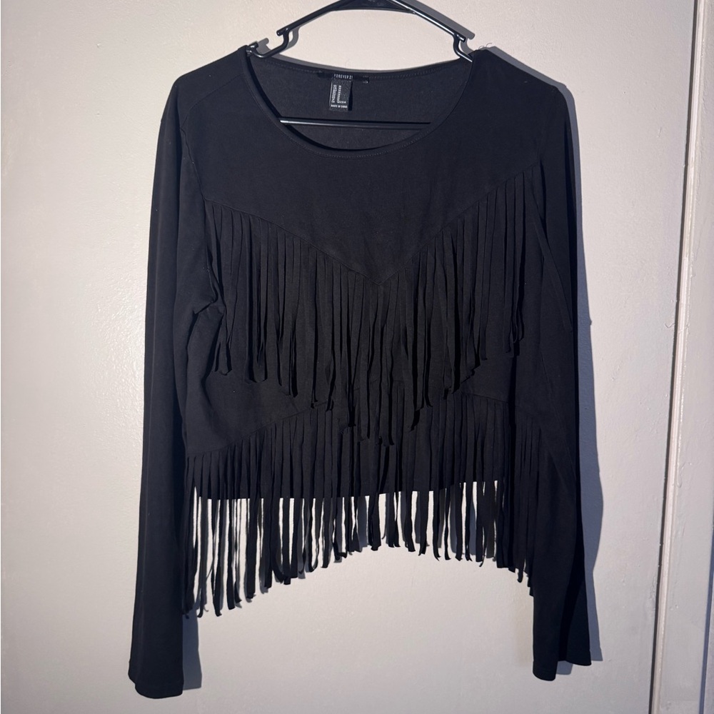 Forever 21 Black Fringe Long Sleeve Tee